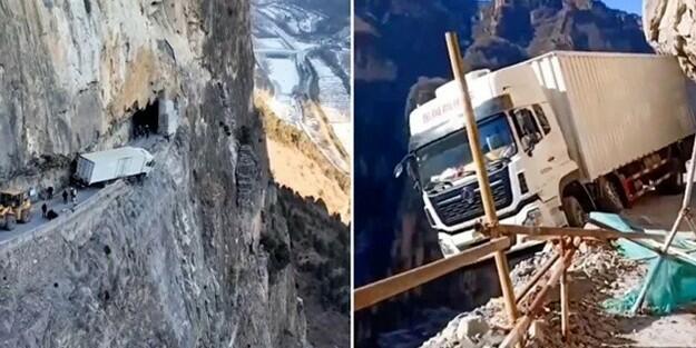 Yük maşını uçurumun kənarında asılı qaldı – Foto