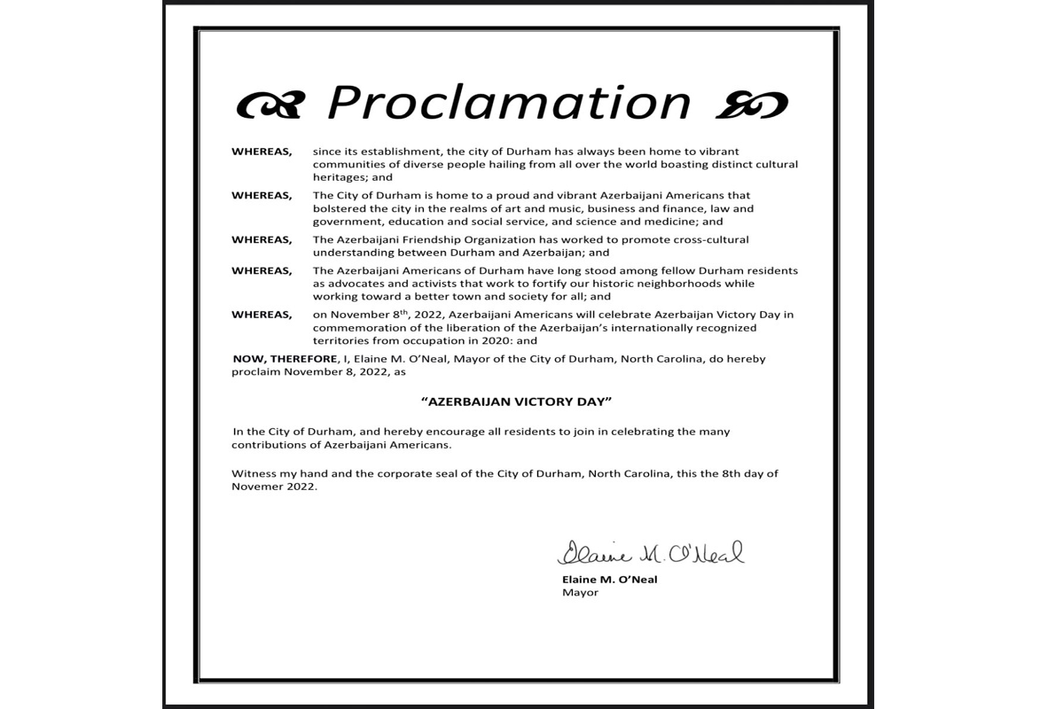 Şimali Karolinanın Darem şəhərində 8 Noyabr Zəfər Günü elan edilib